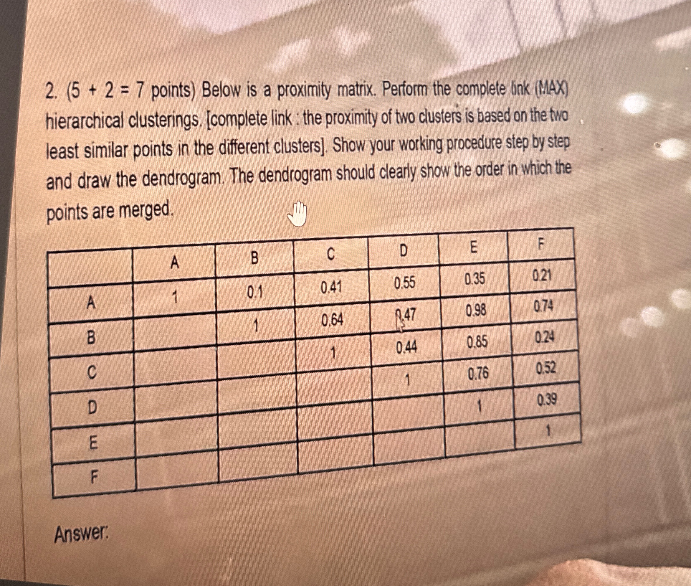 points ) Below is a proximity matrix. Perform the