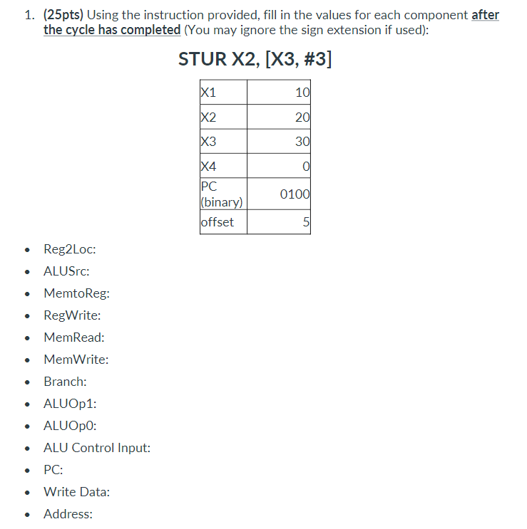 ( 2 5 pts ) Using the instruction provided, fill