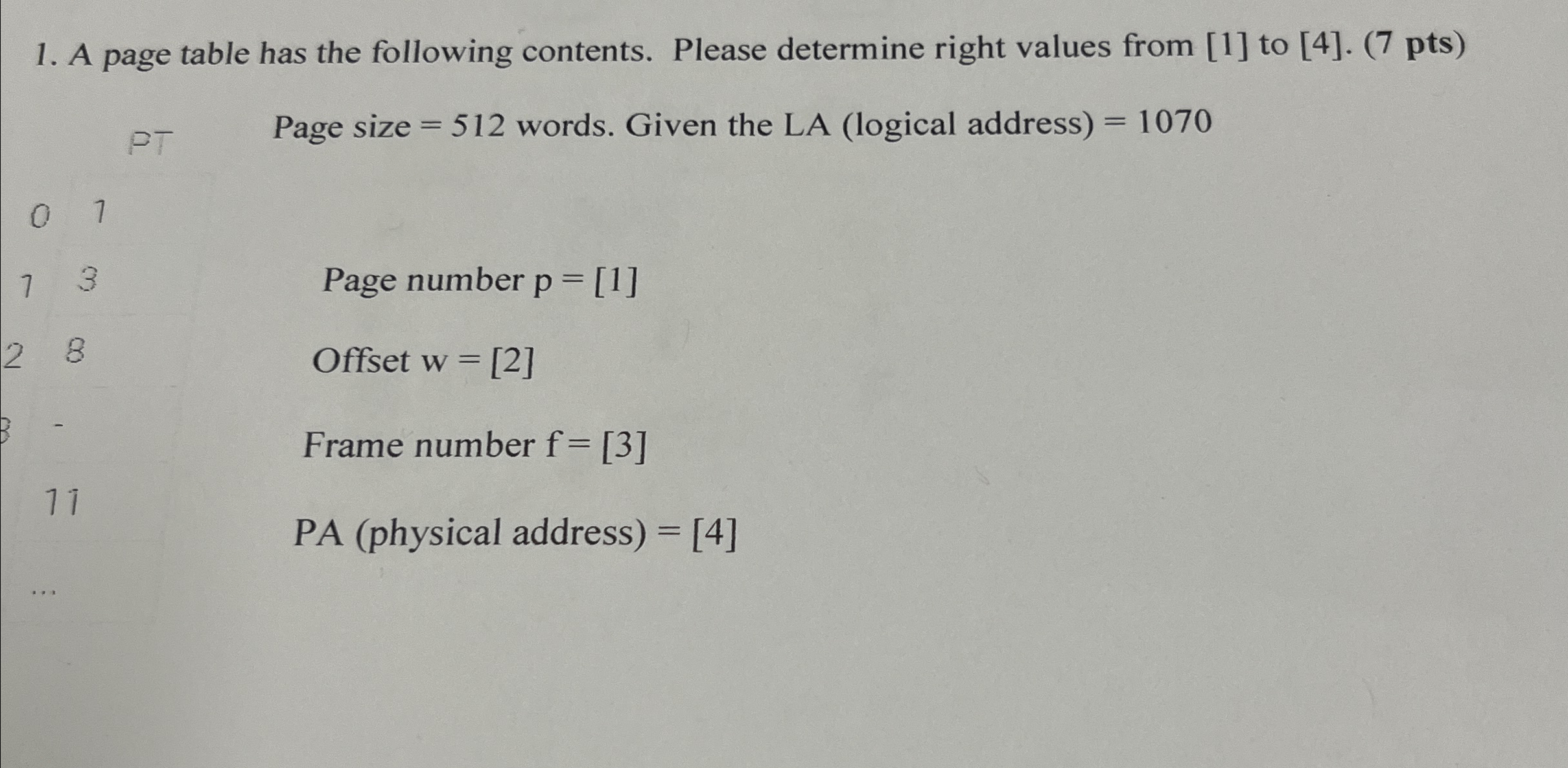 A page table has the following contents. Please