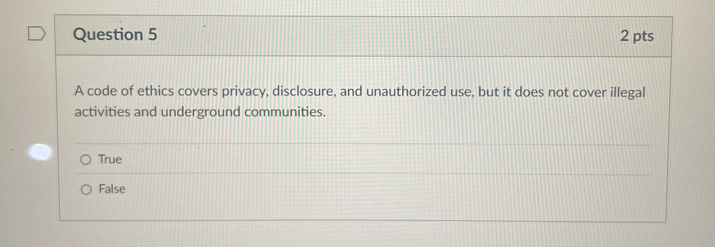 Question 5 2 pts A code of ethics covers privacy,