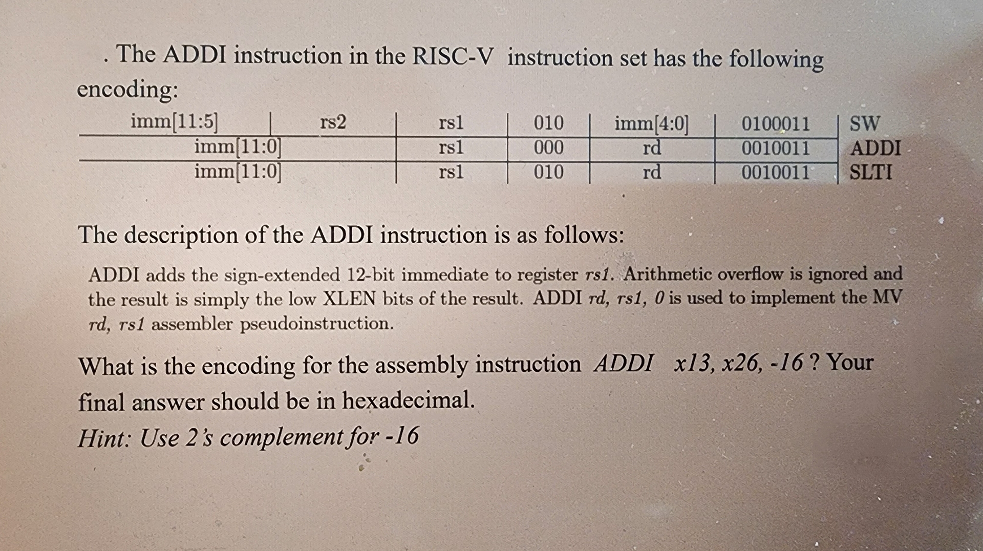 The ADDI instruction in the RISC - V instruction
