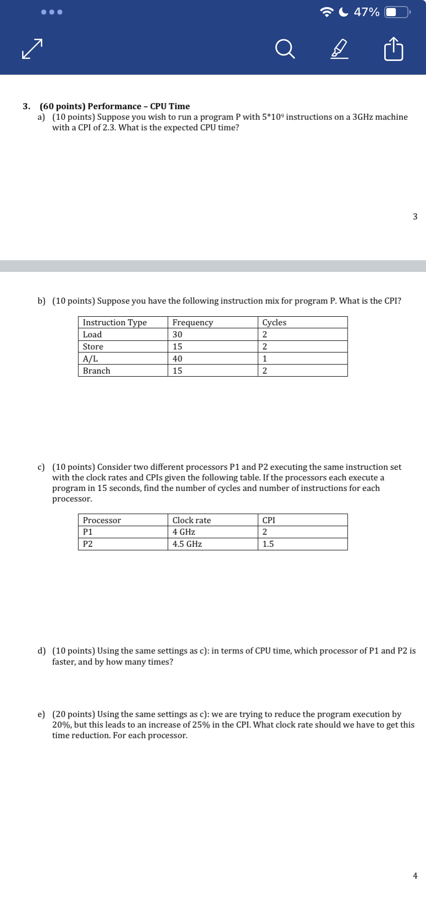 ( 6 0 points ) Performance - CPU Time a ) ( 1 0