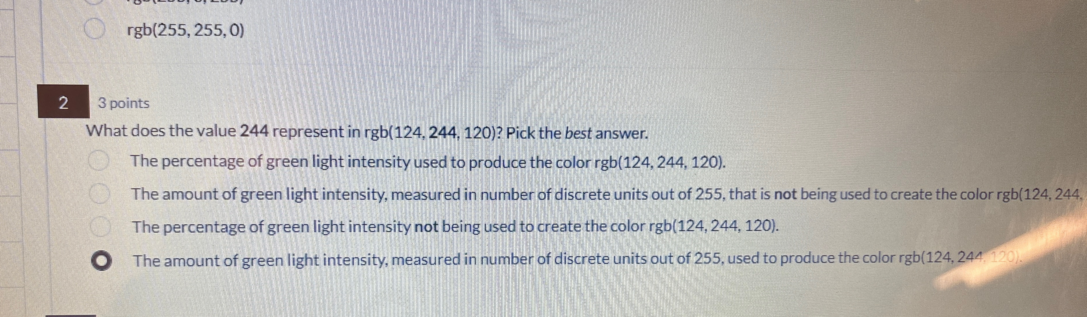 r g b ( 2 5 5 , 2 5 5 , 0 ) 2 3 points What does