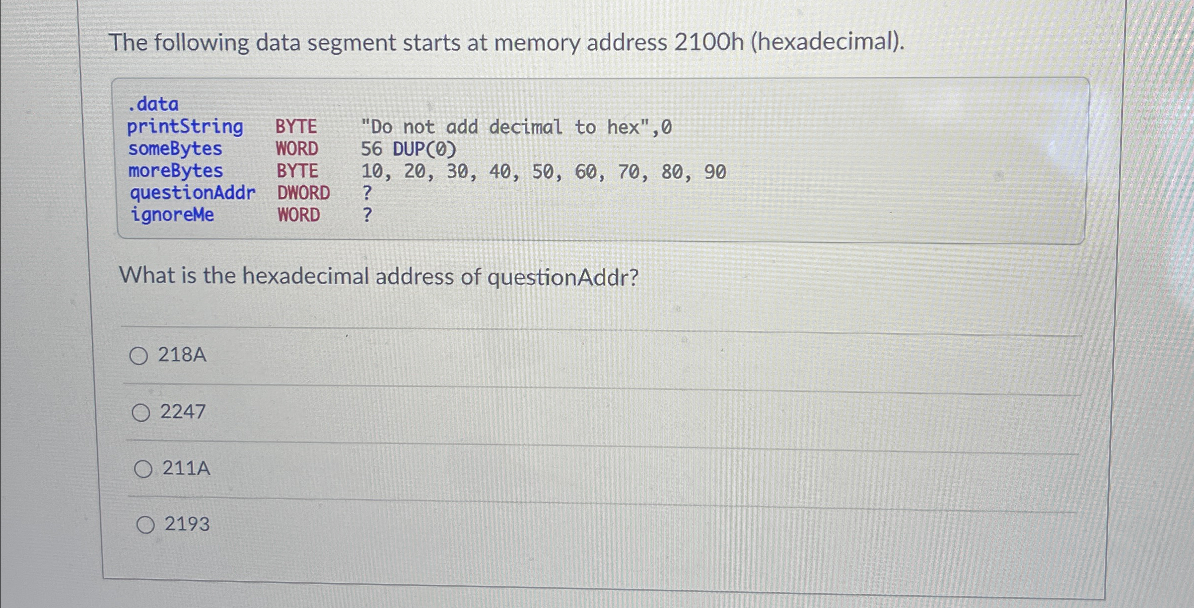 The following data segment starts at memory