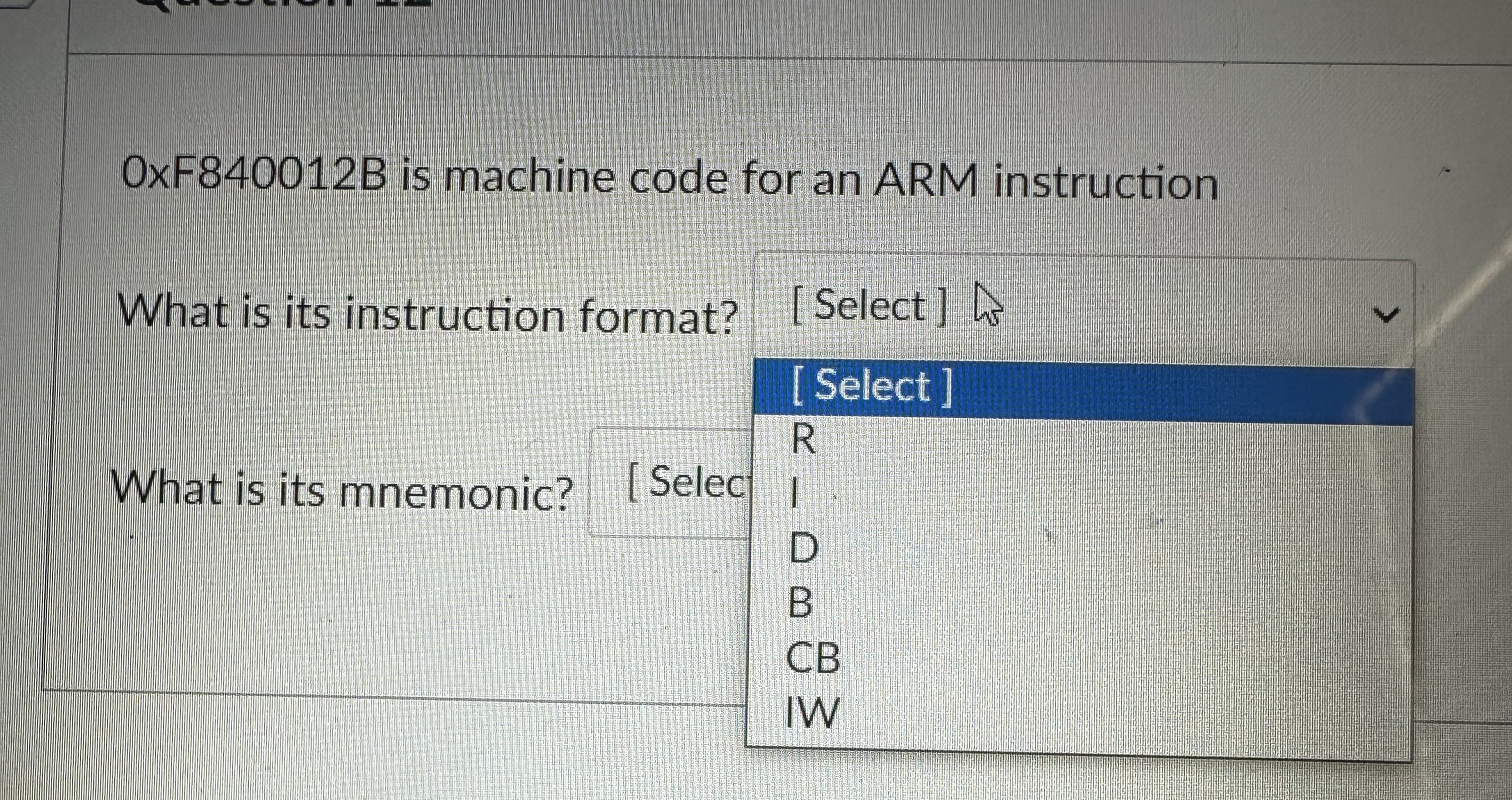 OxF 8 4 0 0 1 2 B is machine code for an ARM