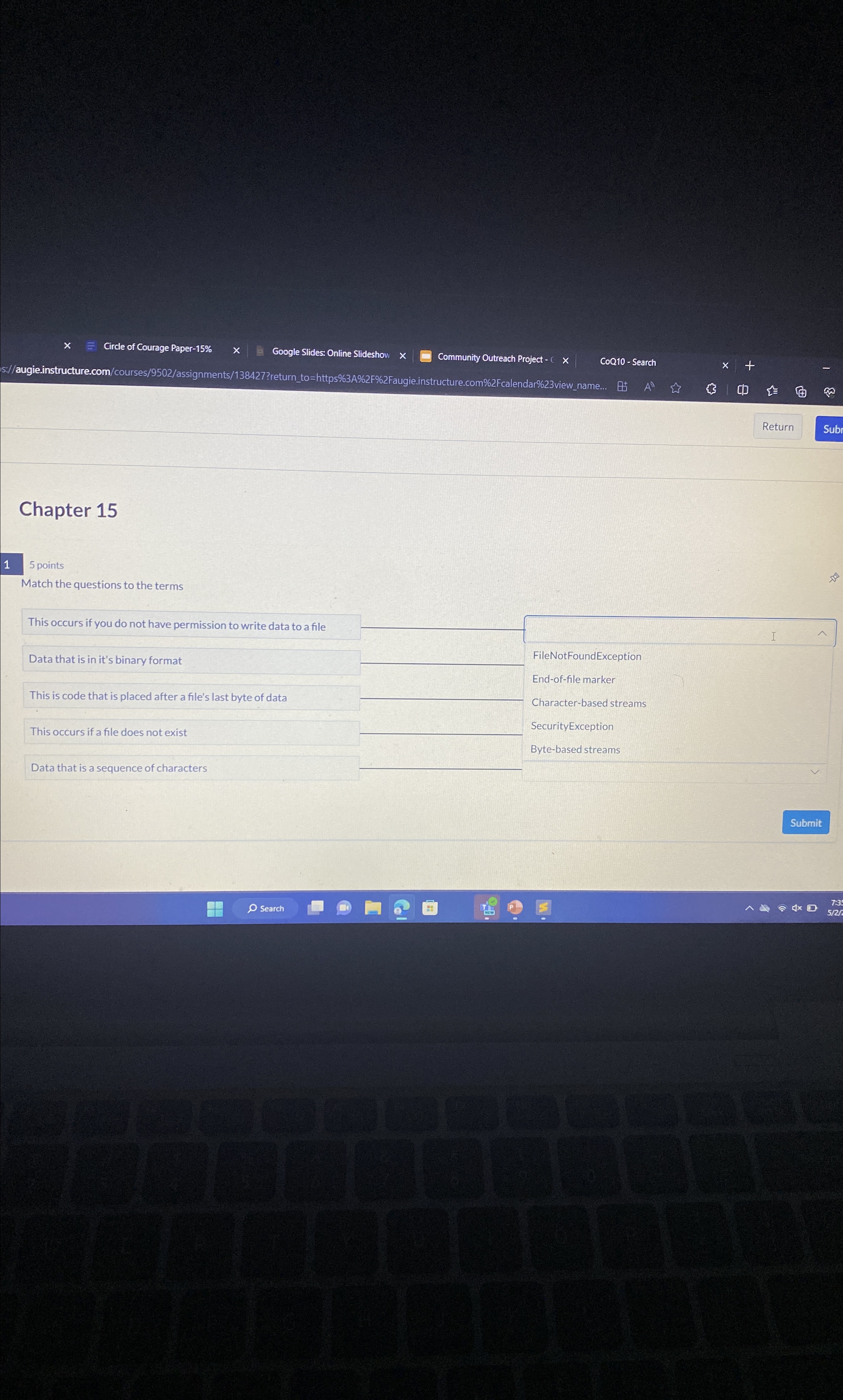 Chapter 1 5 1 5 points Match the questions to the