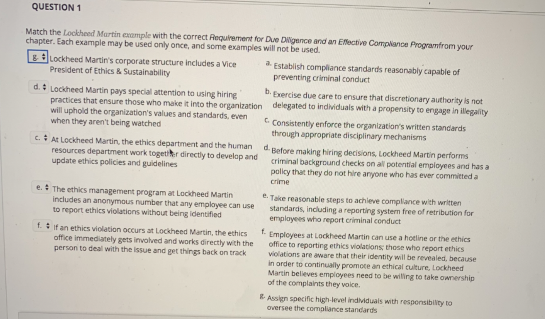 QUESTION 1 Match the Lockheed Martin example with