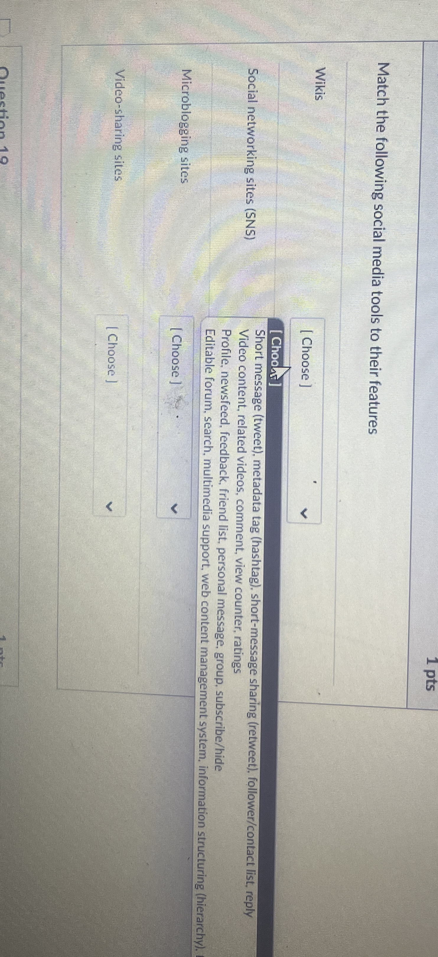 1 pts Match the following social media tools to