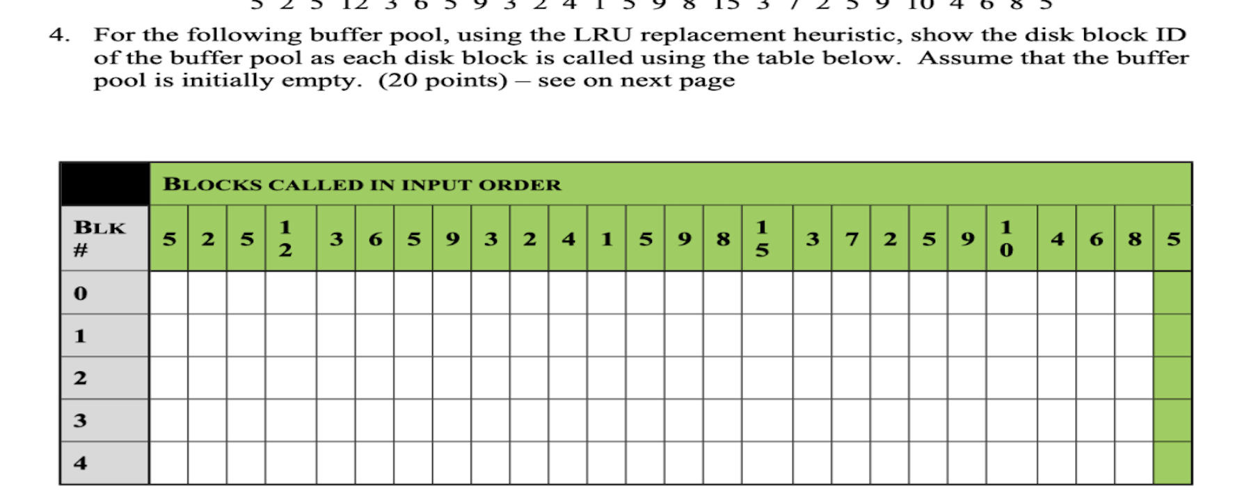 For the following buffer pool, using the LRU