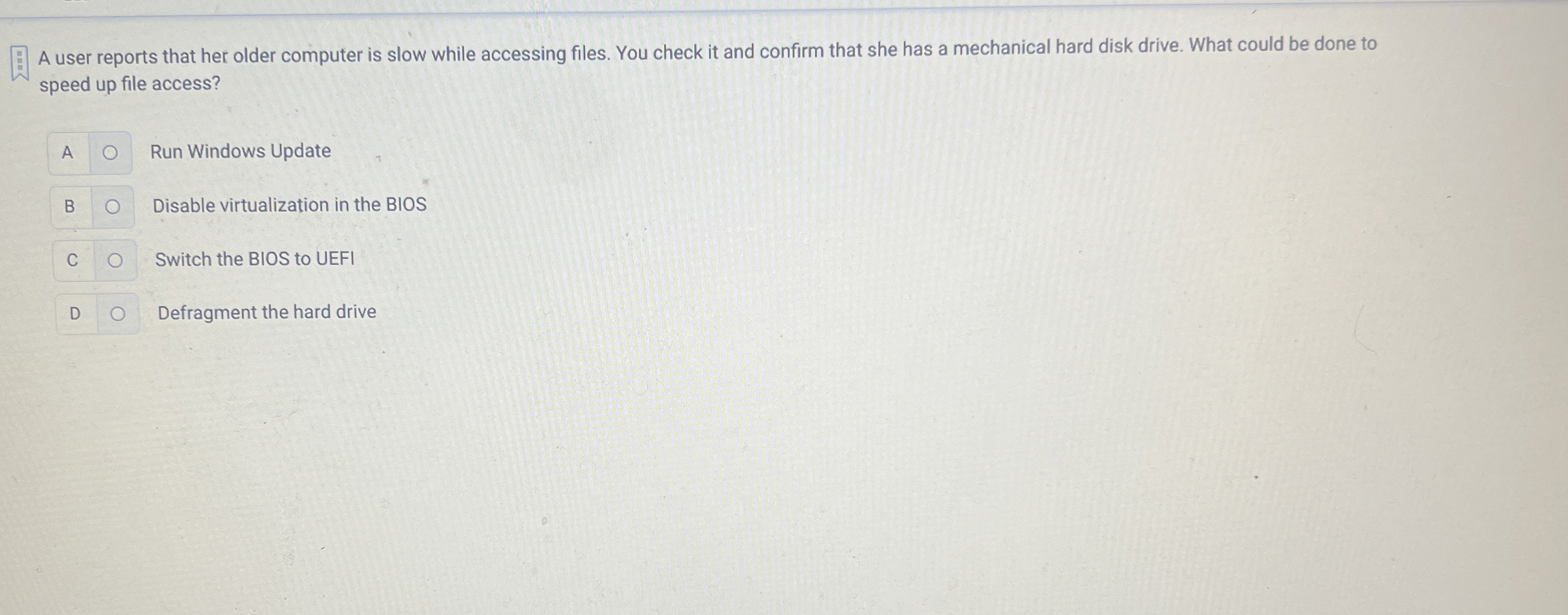 A user reports that her older computer is slow
