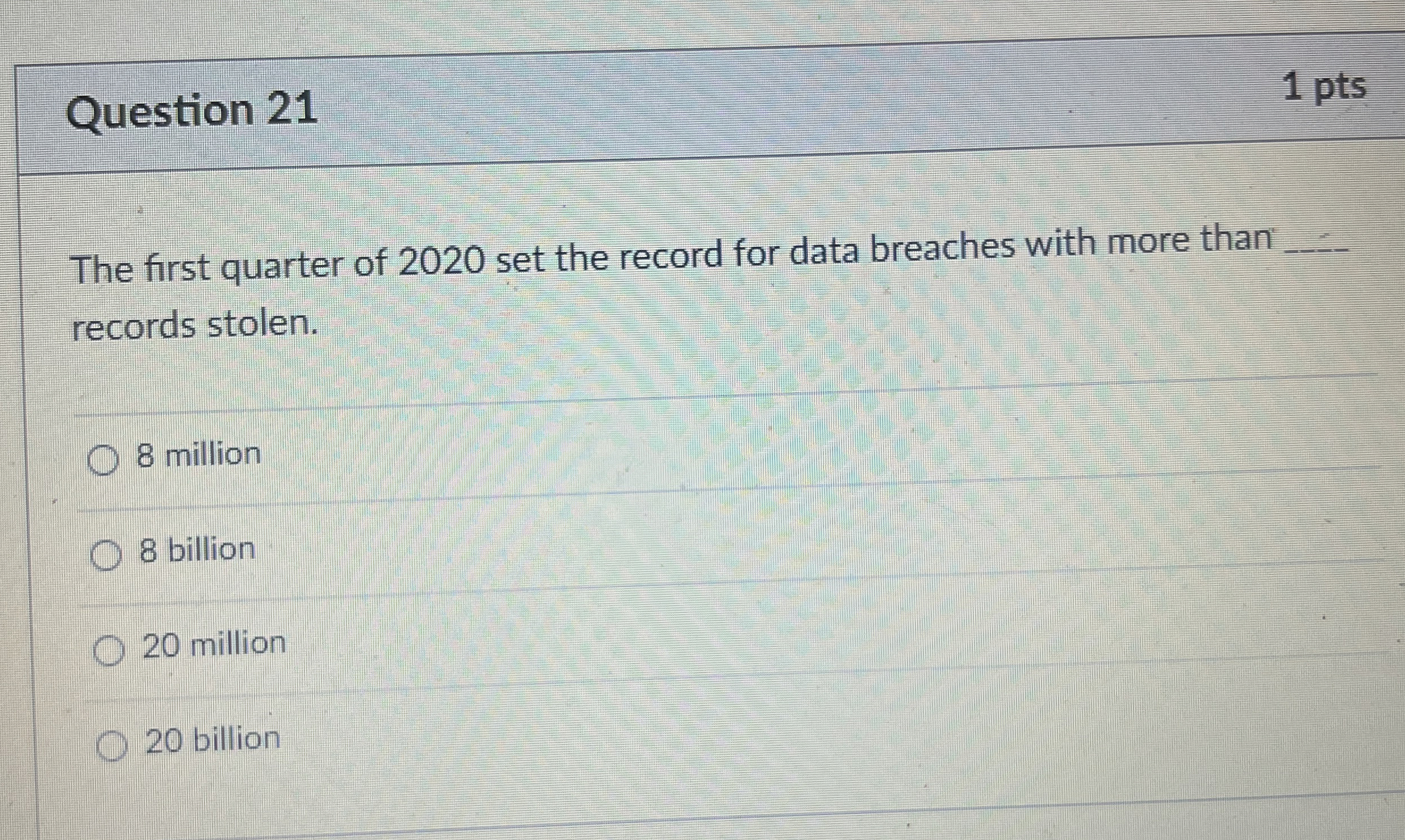 Question 2 1 1 pts The first quarter of 2 0 2 0