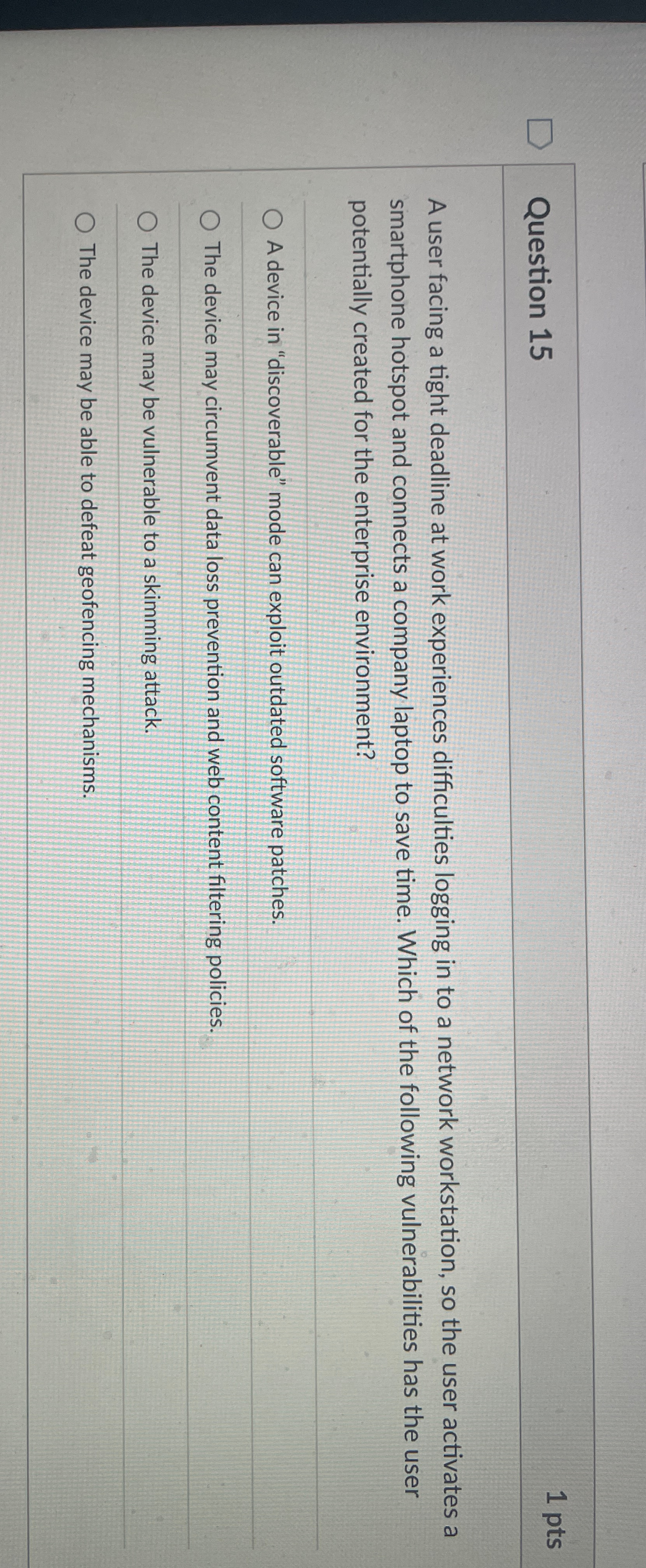 Question 1 5 1 p t s A user facing a tight