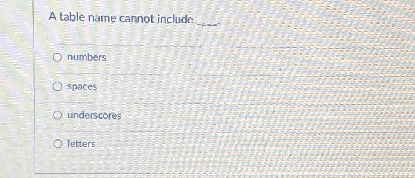 A table name cannot include q , q , numbers