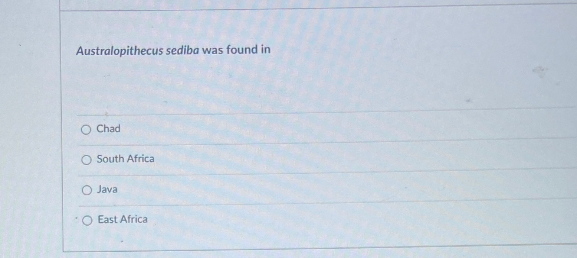 Australopithecus sediba was found in Chad South