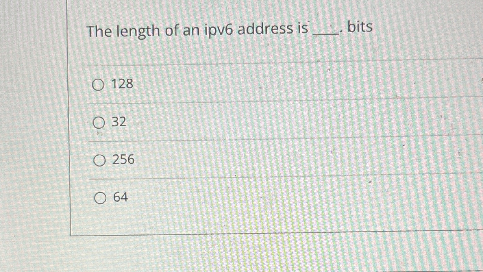 The length of an ipv 6 address is bits 1 2 8 3 2