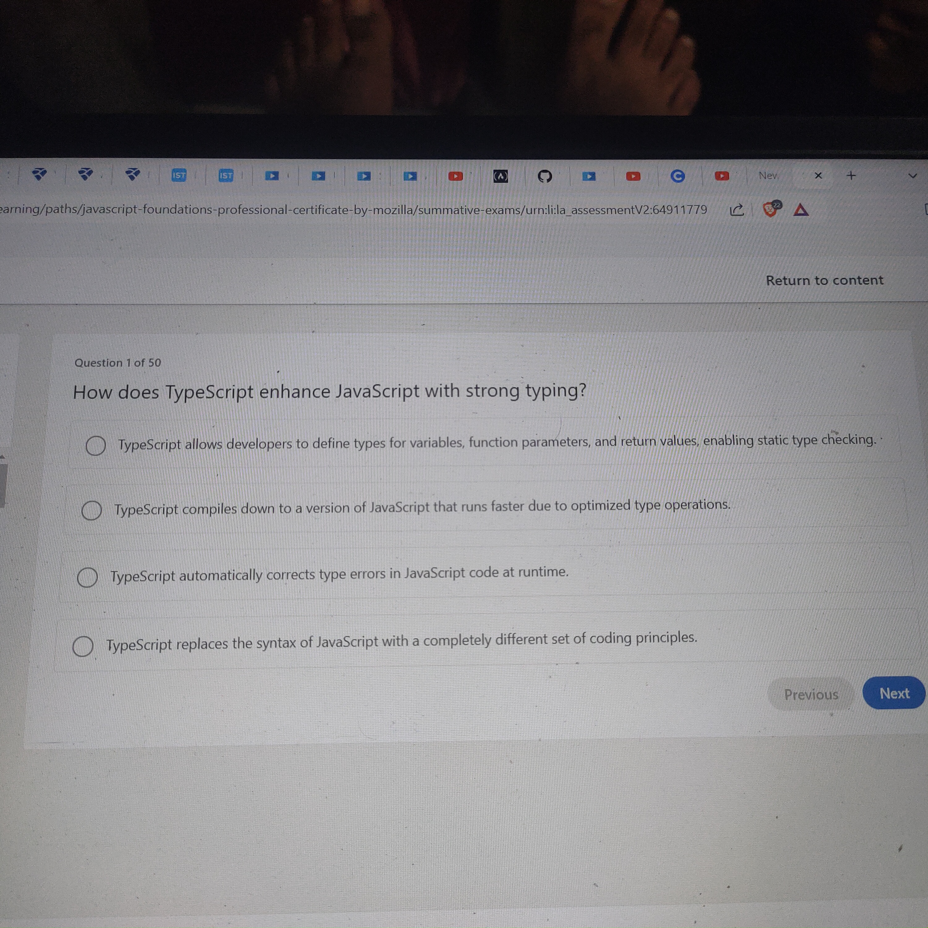 Question 1 of 5 0 How does TypeScript enhance