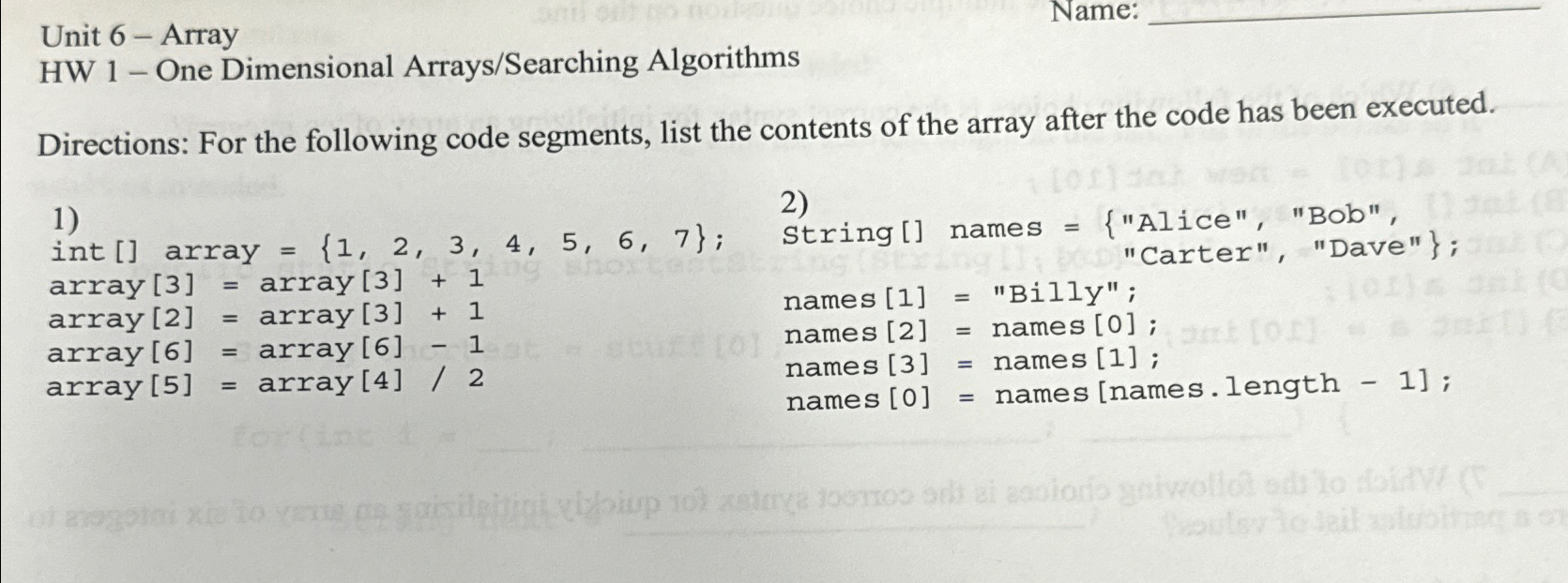 Unit 6 - Array HW 1 - One Dimensional Arrays /