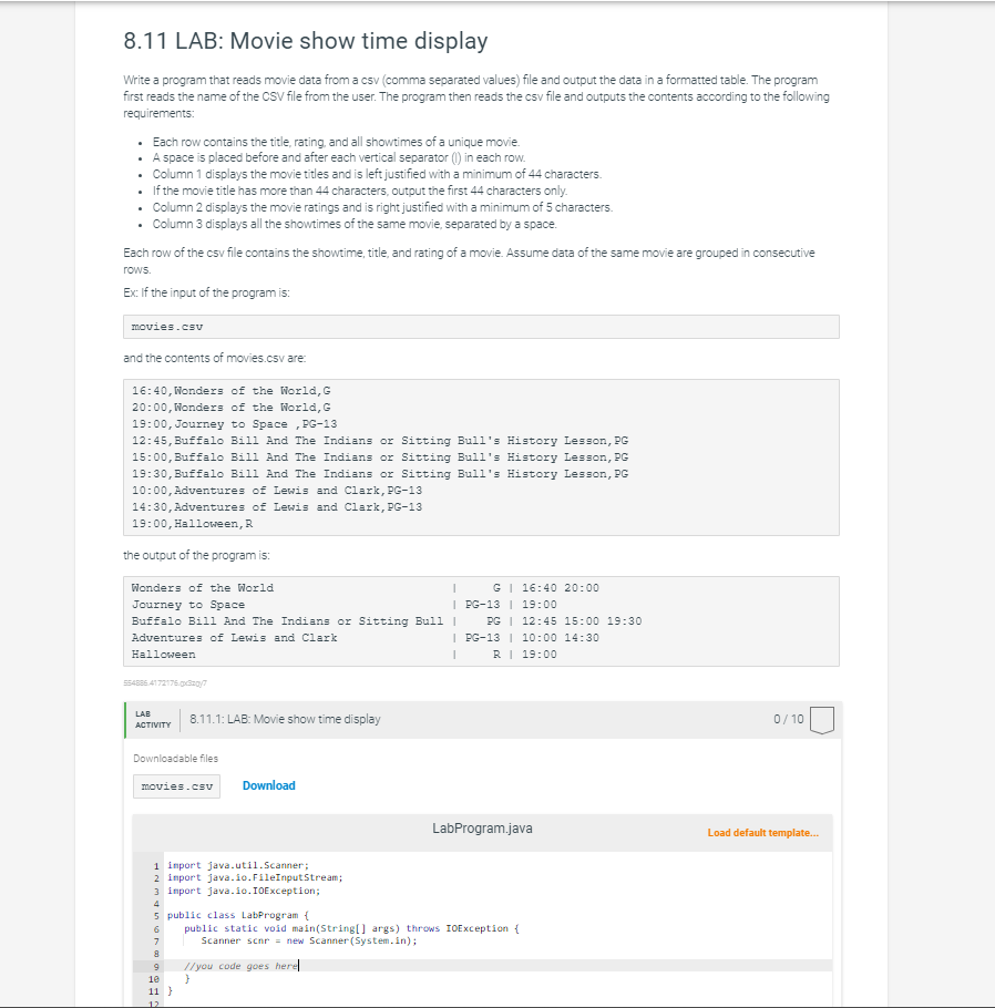 8 . 1 1 LAB: Movie show time display Write a