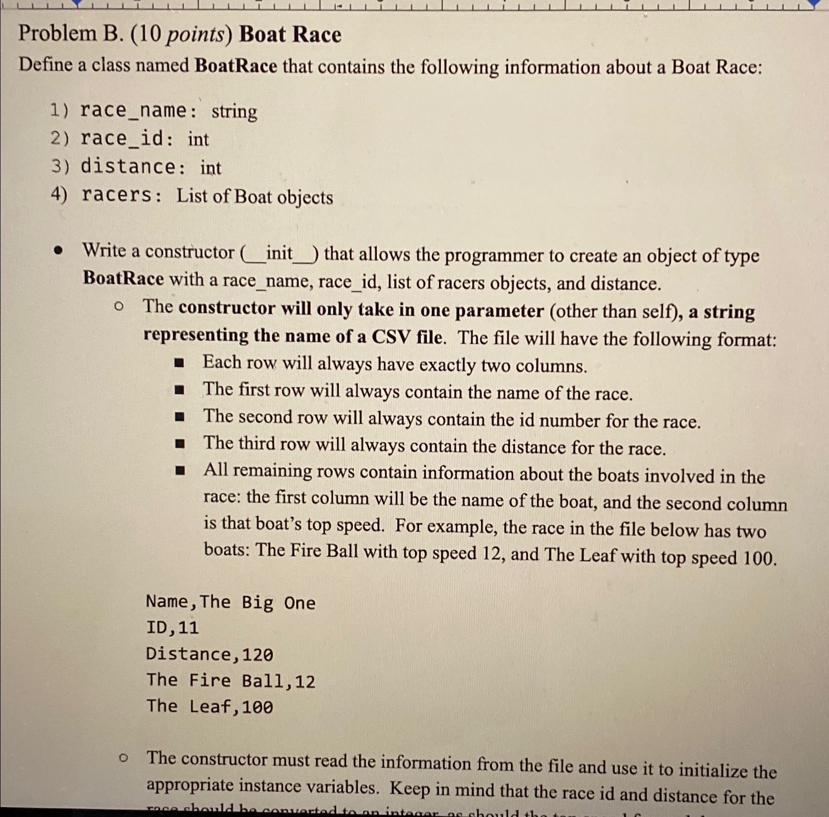 Problem B . ( 1 0 points ) Boat Race Define a