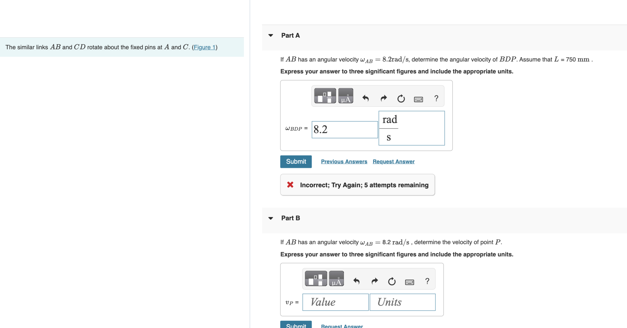 If A B has an angular velocity A B = 8 . 2 r a d