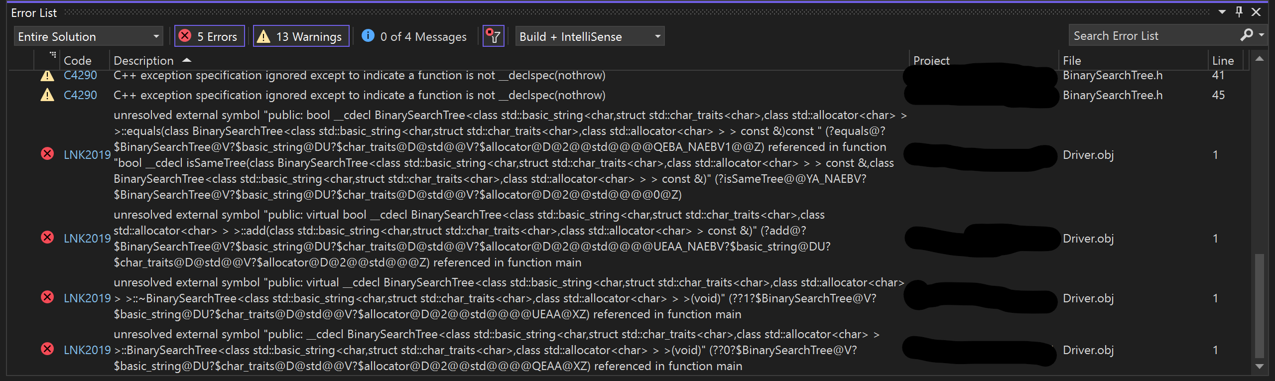 C + + Visual Studio. I ' m working on a project
