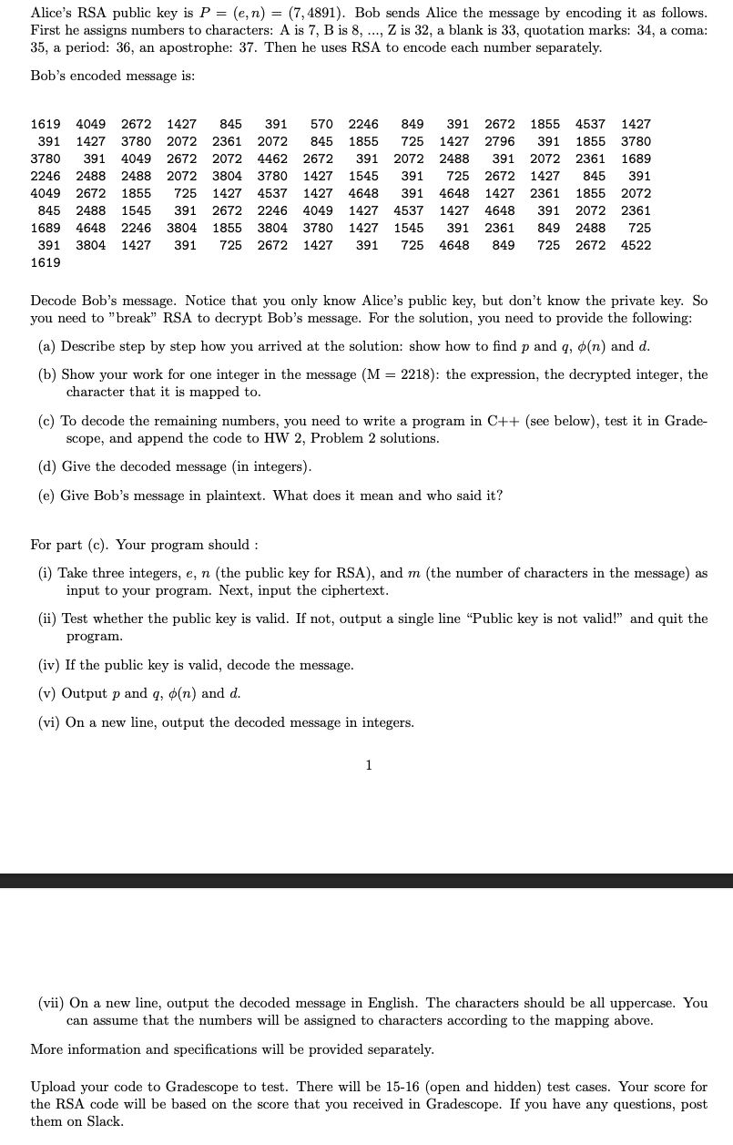 Alice s RSA public key is P = ( e , n ) = ( 7 , 4