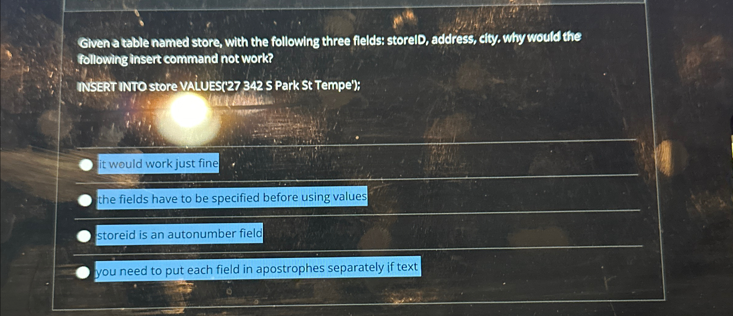 Given a table named store, with the following