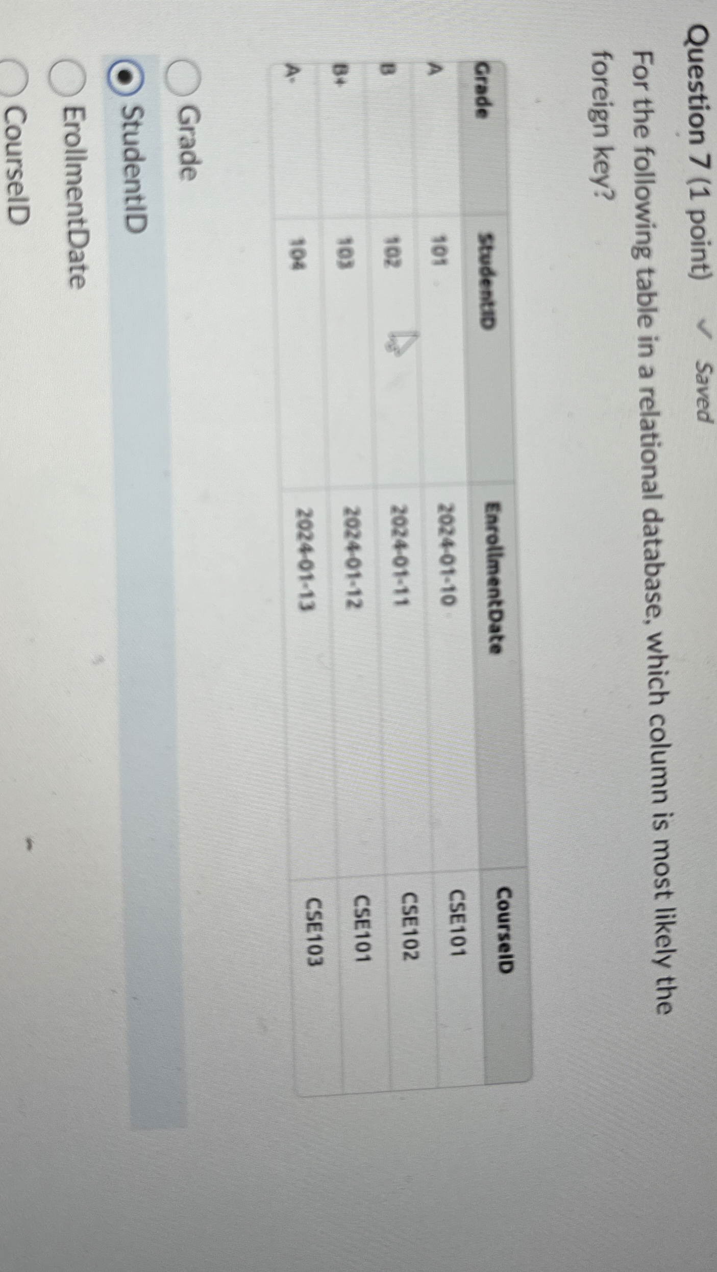 Question 7 ( 1 point ) Saved For the following