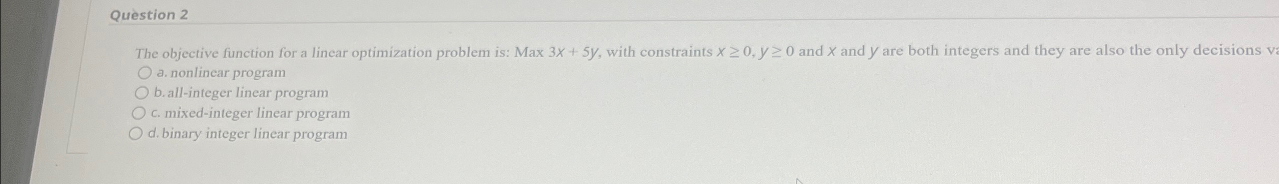 Question 2 e objective function for a linear