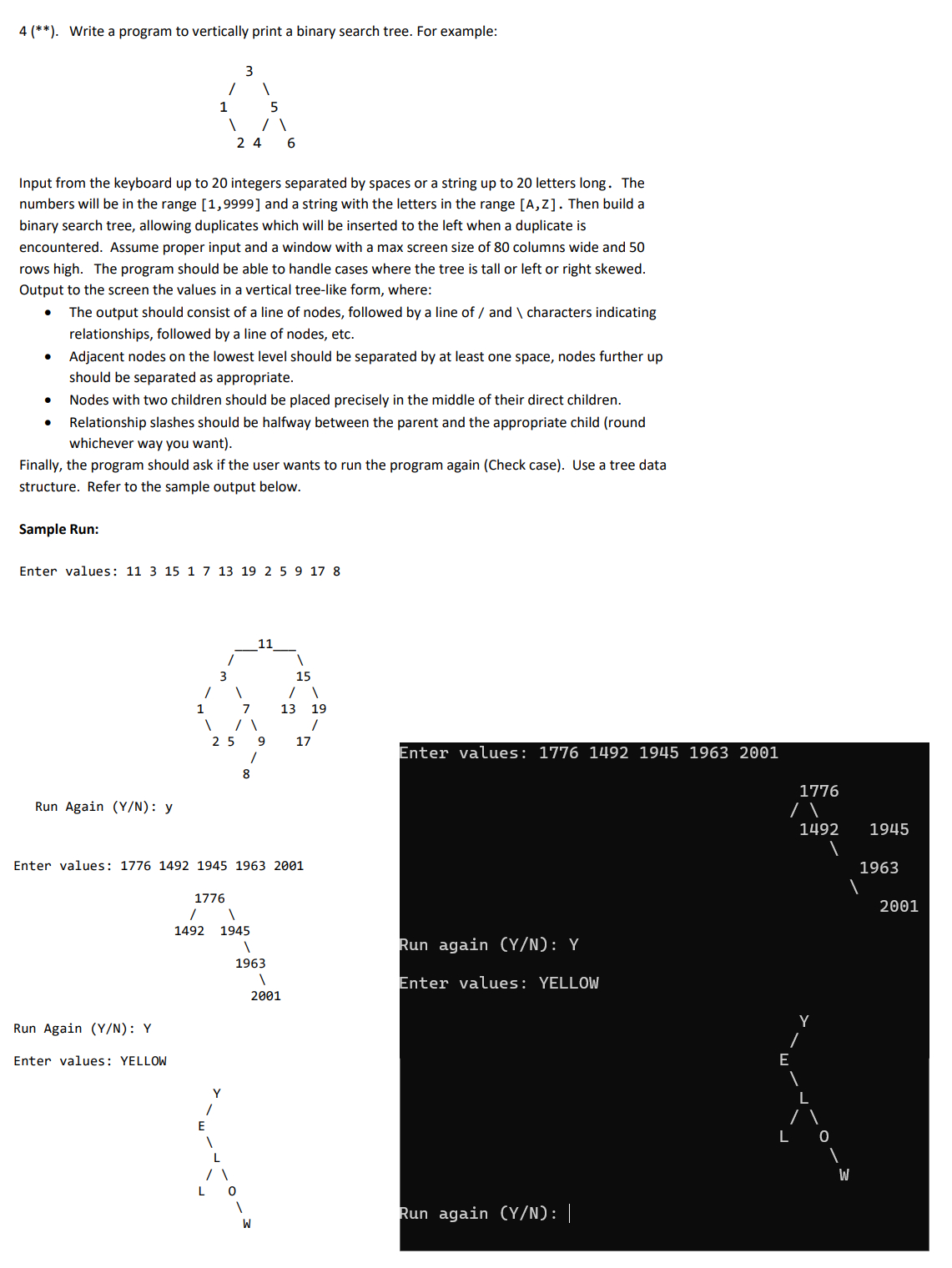 C + + program to vertically print a binary search
