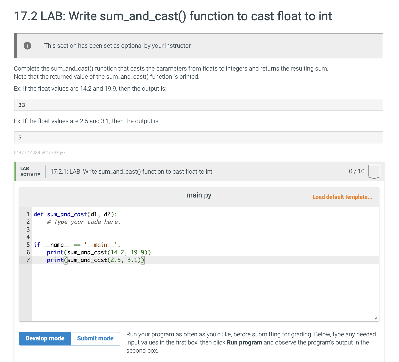 1 7 . 2 LAB: Write sum _ and _ cast ( ) function