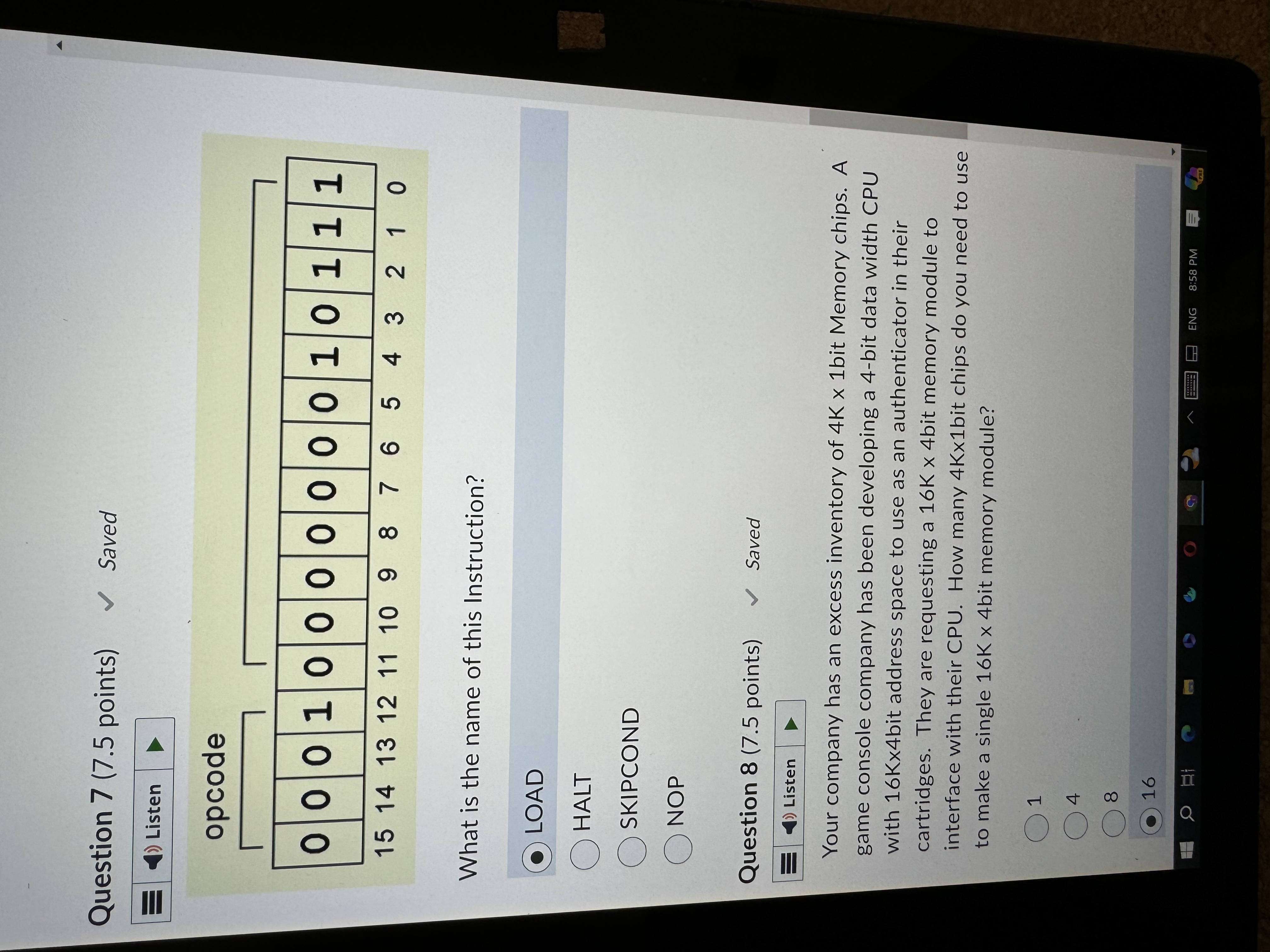 Question 7 ( 7 . 5 points ) Saved Listen opcode