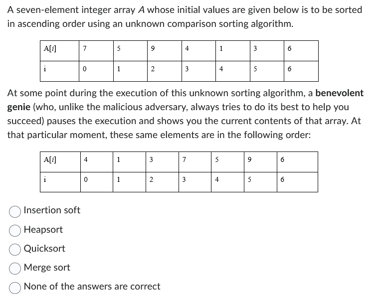 A seven - element integer array A whose initial