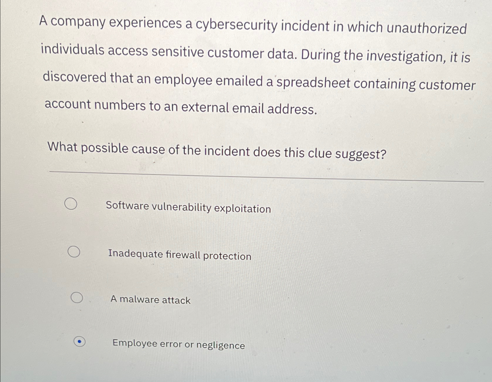A company experiences a cybersecurity incident in