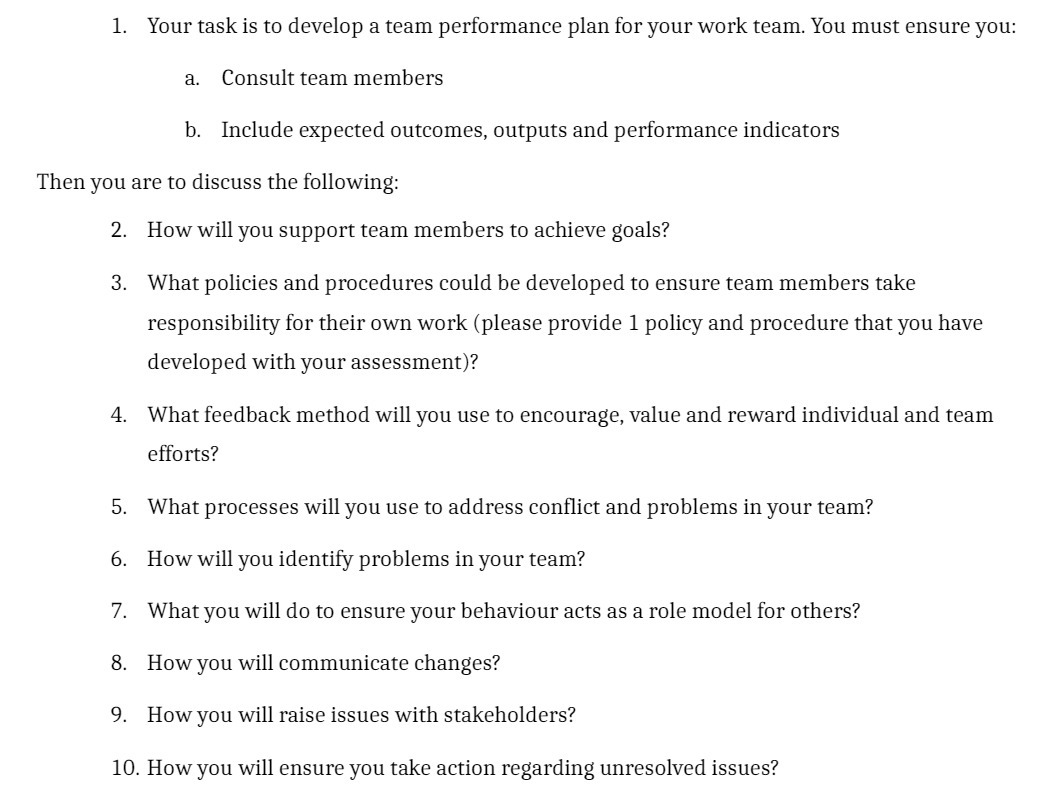 1. Your task is to develop a team performance