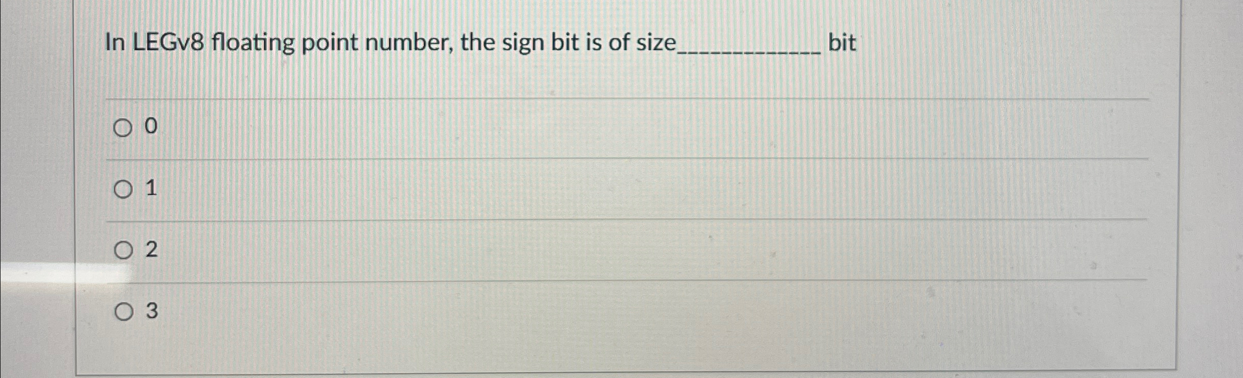 In LEGv 8 floating point number, the sign bit is