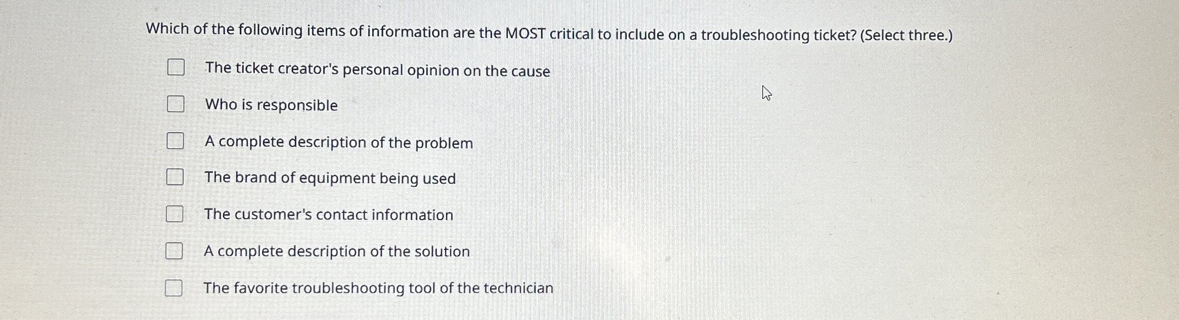 Which of the following items of information are