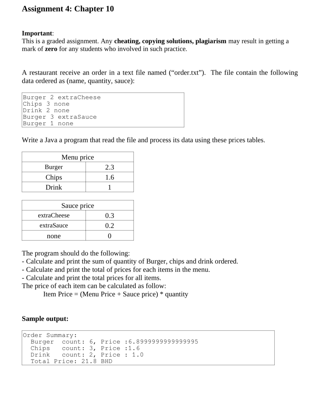 A restaurant receive an order in a text file