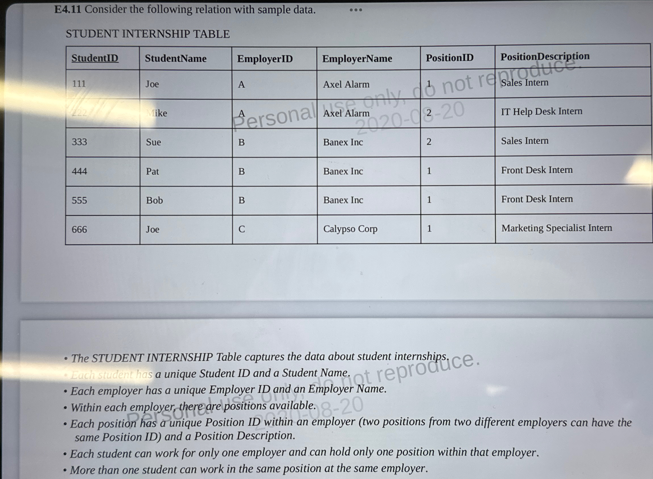 E 4 . 1 1 Consider the following relation with