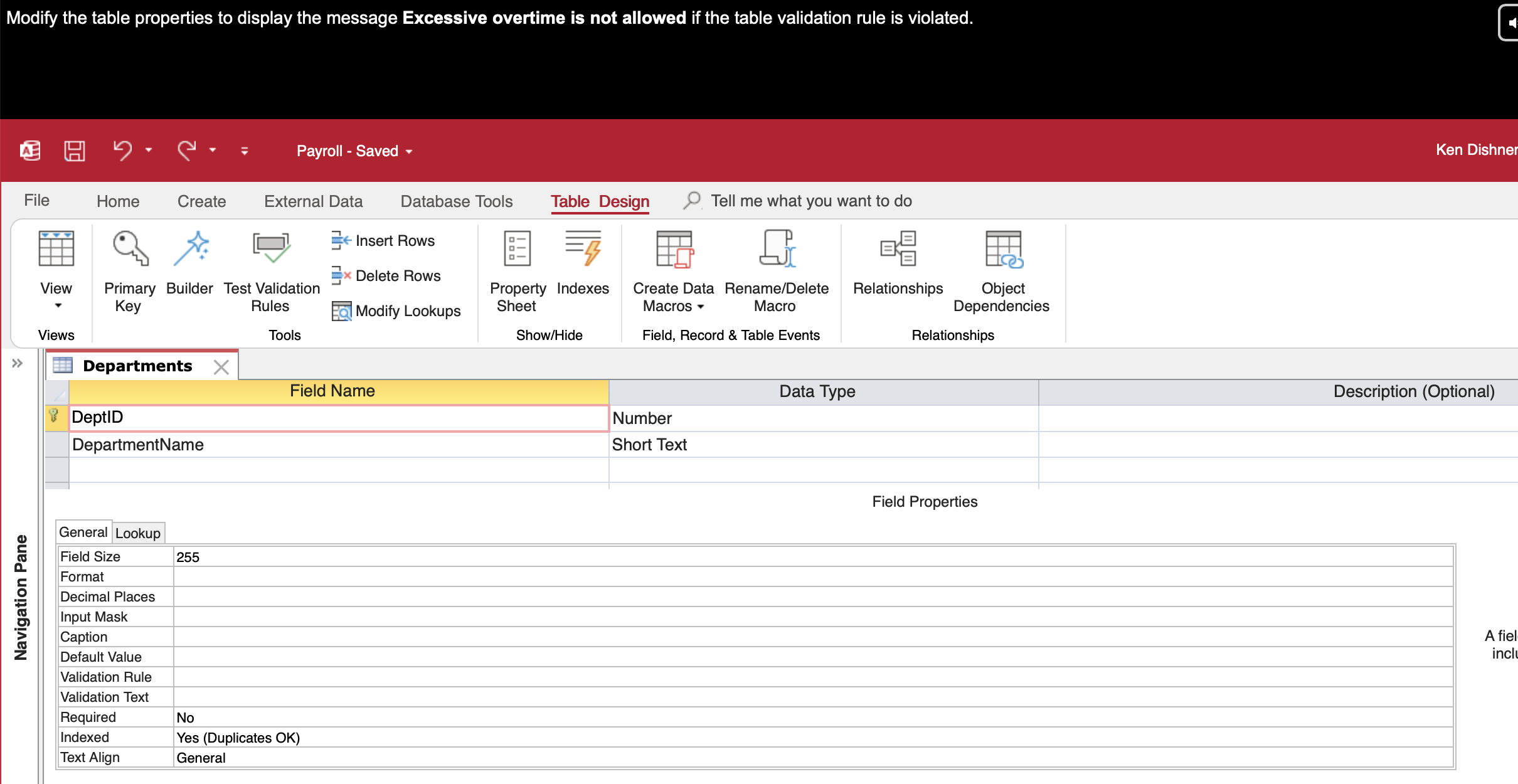 Modify the table properties to display the