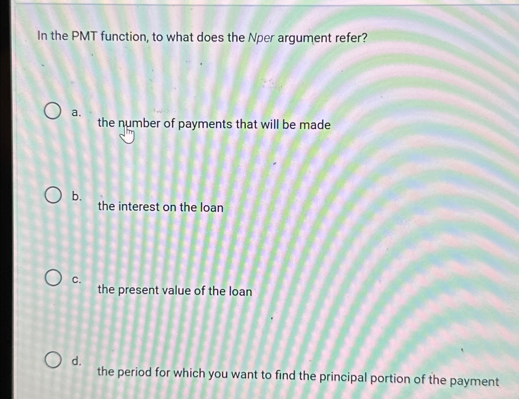 In the PMT function, to what does the Nper