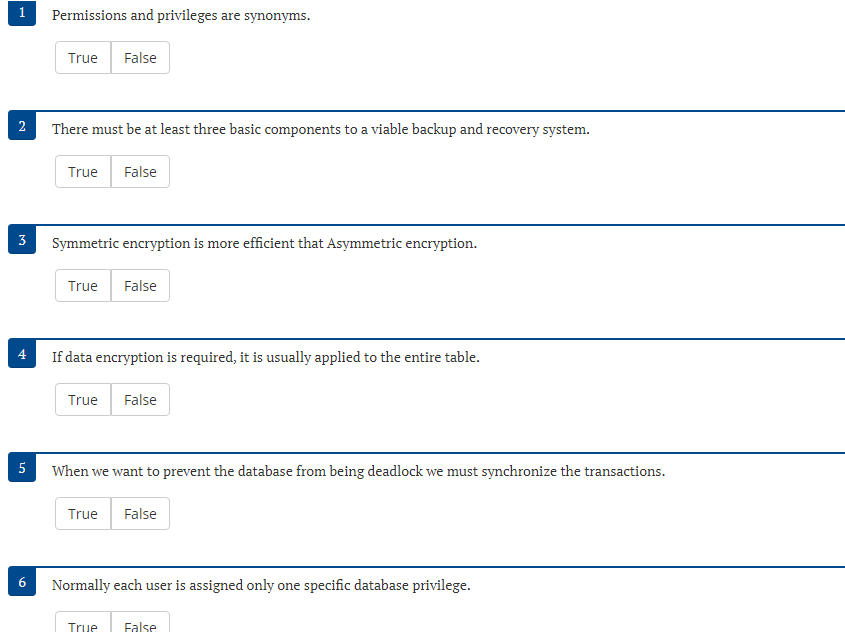 1 Permissions and privileges are synonyms. False