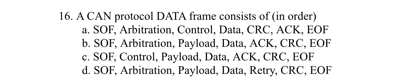 A CAN protocol DATA frame consists of ( in order