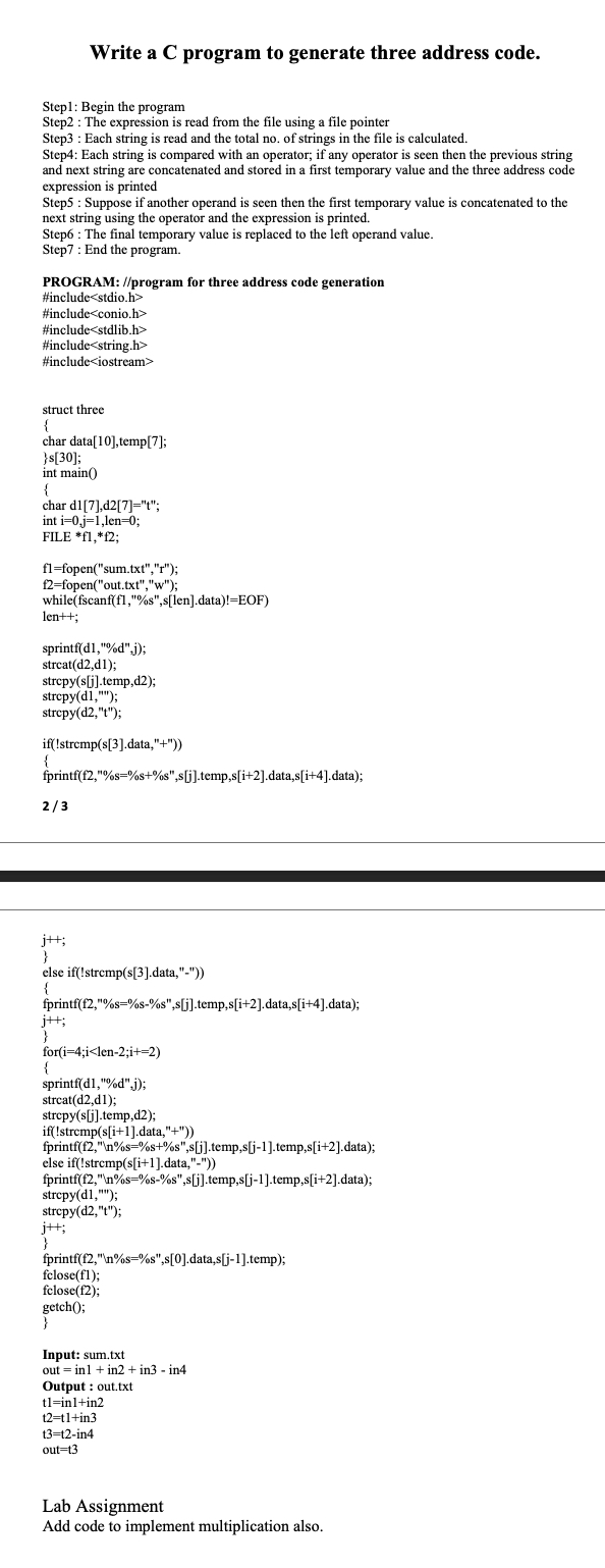 Write a C program to generate three address code.