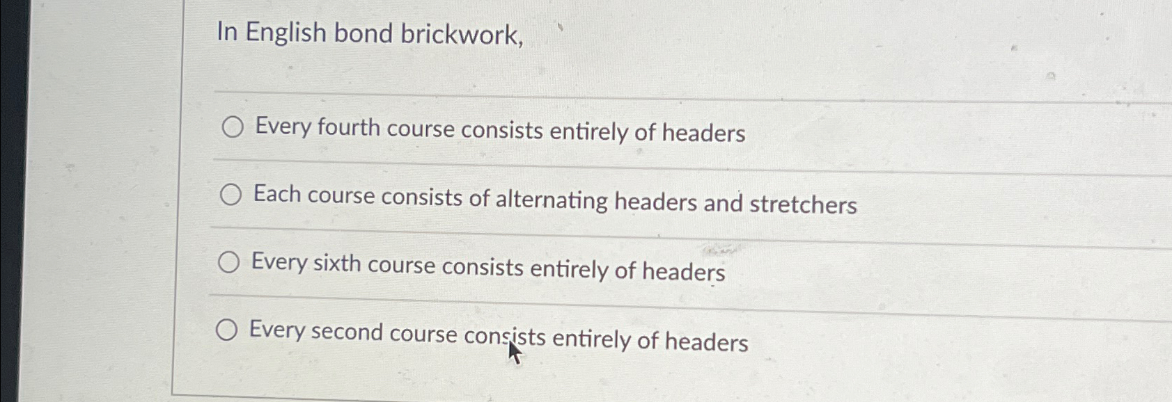 In English bond brickwork, Every fourth course