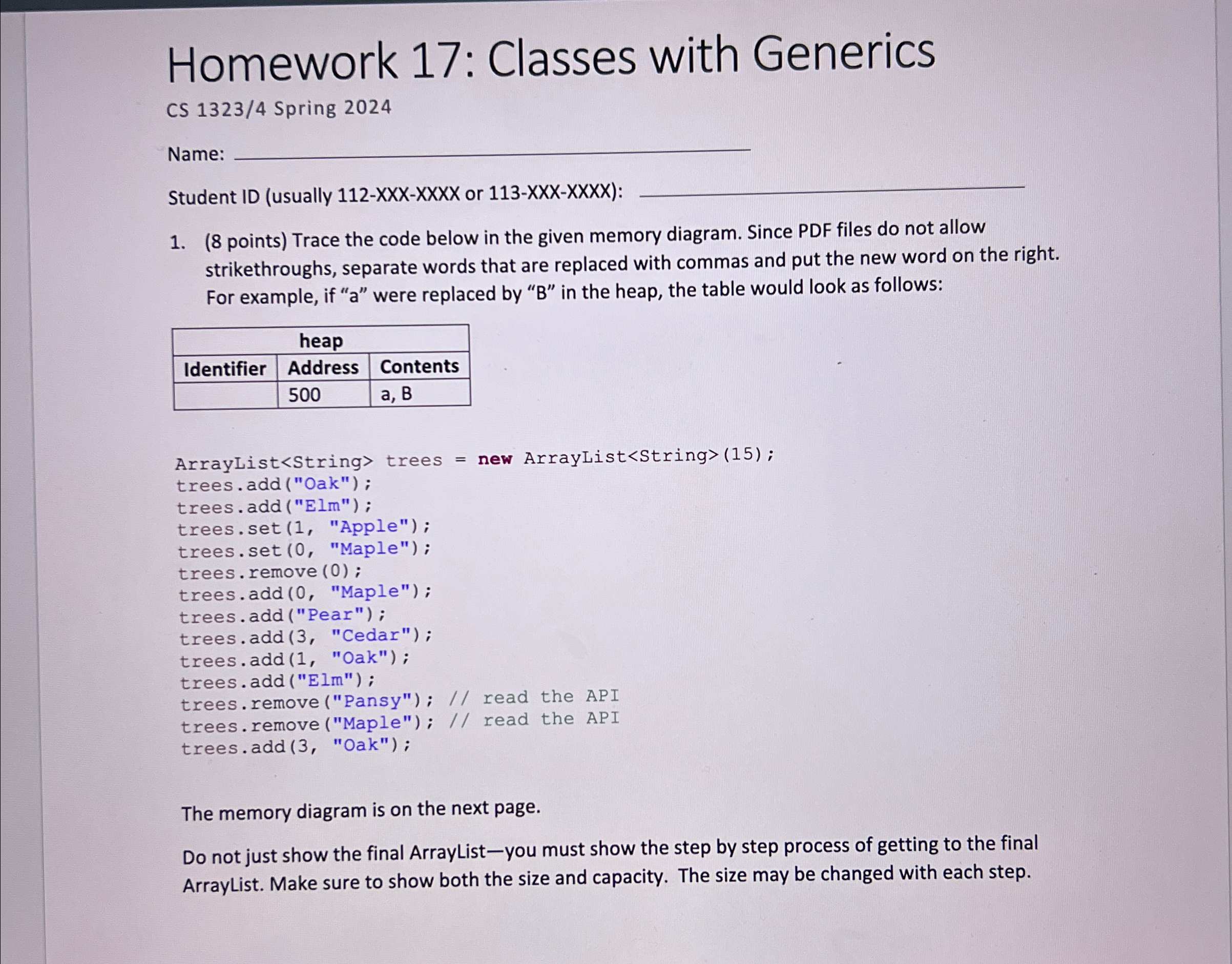 Homework 1 7 : Classes with Generics CS 1 3 2 3 /