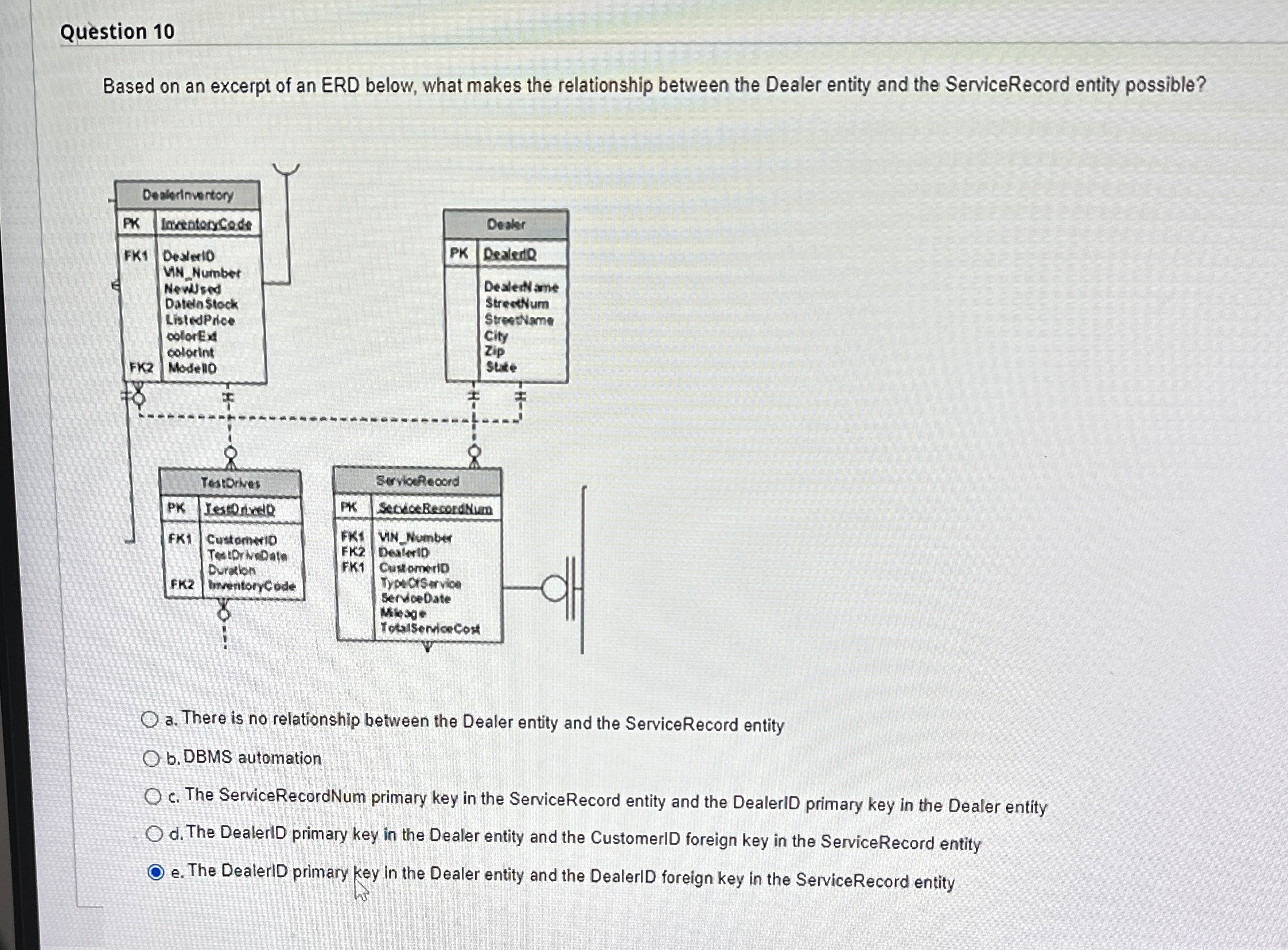 Question 1 0 Based on an excerpt of an ERD below,