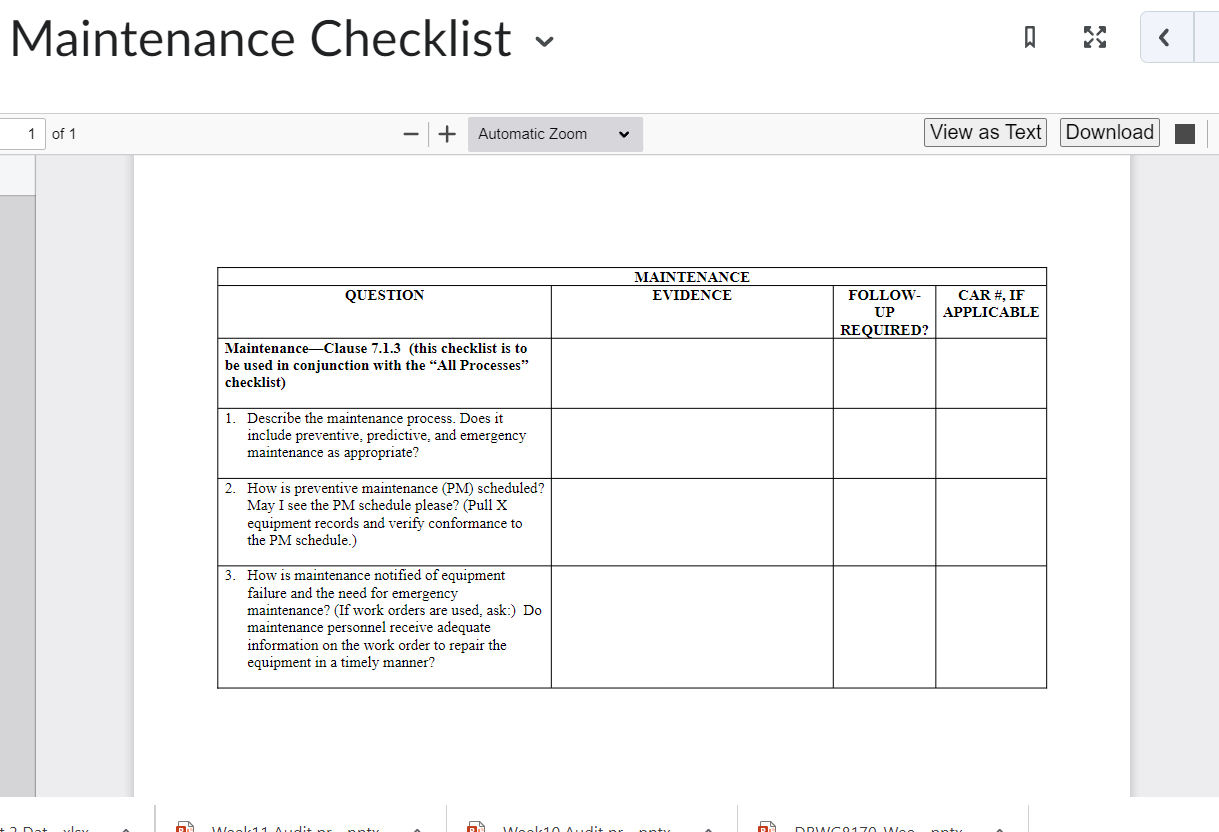 Maintenance Checklist ~ < 1 of 1 - + Automatic