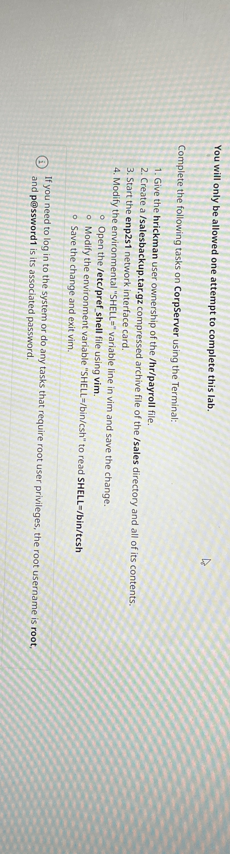 You will only be allowed one attempt to complete