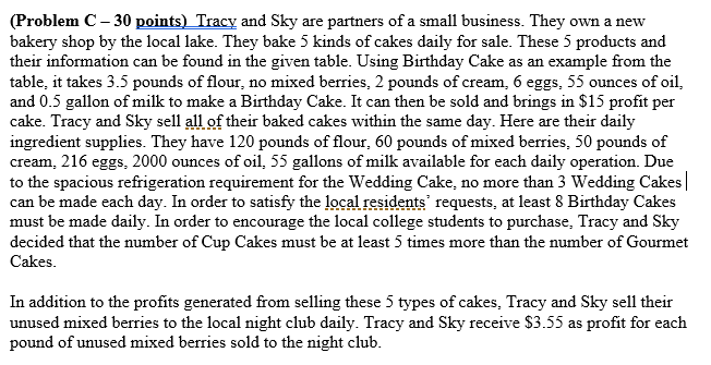 Construct a linear program for Tracy and Sky to